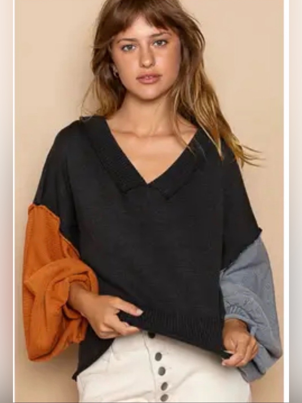 POL V-Neck Colorblock Pullover Sweater Balloon Sleeves Black/Orange/Gray size M
